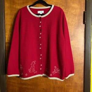 CJ Banks Cardigan Sweater Women's Size 2X Red Dogs Embroidered Long Sleeves